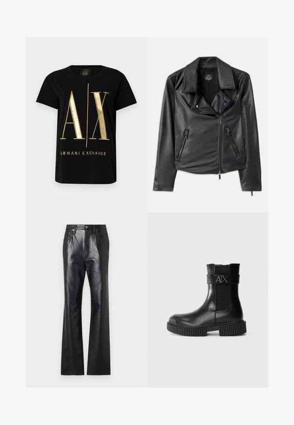 Juodas dirbtinės odos motociklininko švarkas su plačiais atlapais, asimetrišku priekiu užtraukiamu užtrauktuku ir dviem užtrauktukais uždarytomis kišenėmis. Lygi tekstūra, prigludusi forma.; Juodas medvilnės marškinėliai su ryškiu auksiniu "A/X" logotipu ir "ARMANI EXCHANGE" užrašu, trumpomis rankovėmis, apvalia iškirpte, lygiu paviršiumi.; Juoda odinė kelnė su lygiu paviršiumi, plačiomis kojomis, priekiniais užtrauktukais ir diržo kilpomis. Yra subtilių siuvinėjimo akcentų.; Juodi kulkšniai iš blizgaus odos su elastingais šonų intarpais. Ypatybė - masyvus briaunuotas padas ir diržas su "AIX" logotipu.