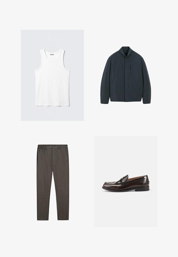Donkerblauwe jas met een opstaande kraag, horizontale ritszak en twee zijzakken. Gladde textuur, minimalistisch ontwerp, geen patronen.; Witte tanktop met een ronde halslijn en brede schouderbanden. Gemaakt van een gladde, lichte stof en heeft een minimalistisch ontwerp zonder patronen.; Grijze broek met een zachte textuur, voorzien van een elastische tailleband, knoopsluiting en zijzakken, ontworpen met een rechte pijp.; Bruine leren loafers met een glanzende afwerking, een gestikt ontwerp bij de teen en een lage hak. Aan de zijkant is een reliëfbranding aangebracht.