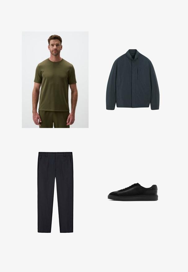 Donkerblauwe jas met een opstaande kraag, horizontale ritszak en twee zijzakken. Gladde textuur, minimalistisch ontwerp, geen patronen.; Olijfgroene t-shirt met korte mouwen en ronde hals in zachte stof, met een getailleerd ontwerp, gladde naden en een rechte zoom.; Zwarte rechte broek met elastische tailleband, riemlussen en zijzakken, plat weergegeven op een witte achtergrond.; Zwarte leren sneakers met een gladde afwerking, ronde neus, vetersluiting aan de voorkant en een contrasterende, gestructureerde tong. Dikke zwarte rubberen zool.