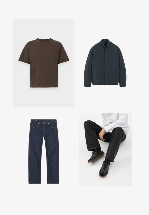 Giacca di un blu scuro con colletto alto, tasca con zip orizzontale e due tasche laterali. Texture liscia, design minimalista, senza motivi.; T-shirt in cotone marrone con maniche corte e scollatura rotonda. Texture liscia, design minimalista, senza fantasie o dettagli aggiuntivi.; Jeans in denim blu scuro con taglio dritto, caratterizzati da rivetti in rame, cuciture gialle e tasche anteriori. Texture liscia con dettagli di design minimi.; Sneaker nere con una tomaia liscia e testurizzata, con suola in gomma e lacci scuri. Abbinati a jeans neri e una camicia bianca a righe.