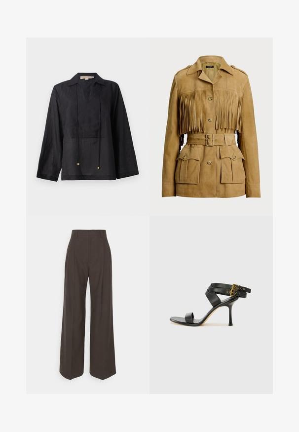 Smėlio spalvos suknelė su frikcinėmis detalėmis priekyje, mygtukų užsegimu ir reguliuojama juosta. Yra kelios priekinių kišenių ir peties epauletai.; Juodas ilgomis rankovėmis marškinėliai, pagaminti iš lengvo audinio, su apykakle, V formos iškirpte ir dviem raišteliais su auksiniais akcentais.; Tamsiai rudos platėjančios kelnės su aukštu liemeniu, pasižyminčios tvarkingai prispaustomis raukšlėmis, lygia tekstūra ir pritaikytu siluetu.; Juodi kulniškų sandalai su kryžminėmis juostelėmis ir reguliuojamu sagtimi. Ypatybė – lygus paviršius ir siauras smailas kulnas.