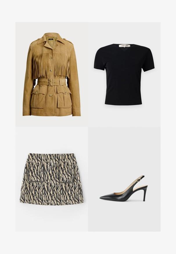 Jachetă din suede de culoare bej cu un față franjurată, închidere cu buton și curea reglabilă. Prezintă multiple buzunare frontale și epoleturi pe umeri.; Tricou negru, cu mânecă scurtă, de tip V, confecționat dintr-un material neted și elastic. Prezintă o siluetă simplă, clasică, fără embellishments.; Fustă scurtă cu un model abstract în nuanțe de negru și bej, având două buzunare frontale conturate cu cusături negre. Material din amestec de bumbac.; Cizme negre din piele cu toc înalt slingback, cu vârf ascuțit, curea ajustabilă și un toc stiletto elegant, având un finisaj neted.