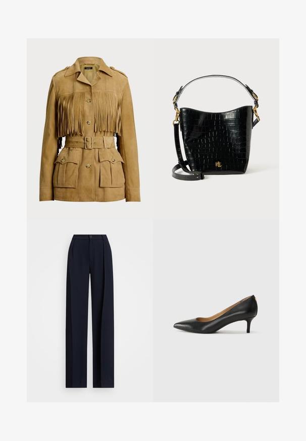 Sarkans zamšs jaka ar frizēta priekšpusi, pogu aizdari un regulējamu jostu. Iekļauj vairākas priekšējās kabatas un plecu epauletus.; Melns garām piedurknēm turtlenecks tops, izgatavots no gludas auduma. Tam ir augsts kakls un pieguļoša siluets bez redzamām rakstzīmēm vai akcentiem.; Jūras spēku plati bikses ar krokām, pogu aizdari un gludu auduma tekstūru. Izstrādātas brīvai, ērtai piegulšanai.; Melnas ādas augstpapēžu kurpes ar pīlādžu purngalu, zemu papēdi un gludu virsmu. Raksturīga neliela atvere priekšā un minimāls aprīkojums aizmugurē.; Melnas krokodila raksts ādas soma ar izliekta formu, zelta aparatūru, regulējamu siksnu un logotipa detaļu priekšpusē.