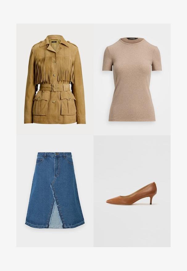 Veste en daim beige avec un devant à franges, fermeture à boutons et ceinture ajustable. Comprend plusieurs poches avant et épaulettes.; Lauren Ralph Lauren STRETCH COTTON CREWNECK TEE - T-shirt basique - adirondack heather; Jupe en denim bleu avec une forme évasée, présentant une fente à l'avant et un ourlet effiloché. Design classique à cinq poches et fermeture à bouton métal.; Lauren Ralph Lauren ADRIENNE - Escarpins - deep saddle tan