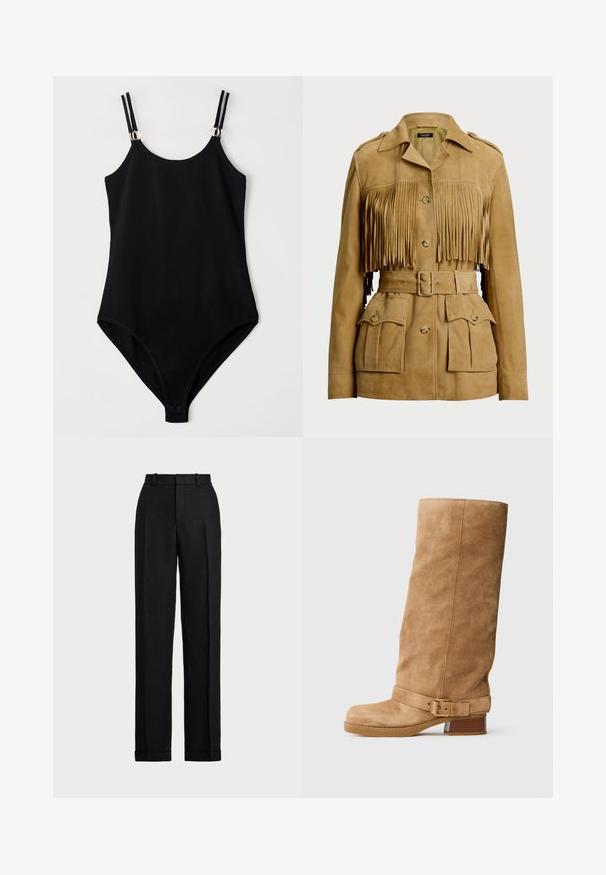 Kreemjas nahast jakk, millel on frantsiisiga esiosa, nööbikinnitusega ja reguleeritava vööga. Omab mitmeid esi-taskuid ja õlavarre epauletti.; Musta bikiinide komplekt, millel on tihedisain, reguleeritavad õlapaelad ja hõbedased detailid õlgadel. Sile ja tekstureeritud kangas.; Must mustrandid, kõrge vöökohaga linane püks. Omab sirget säärejoont, pressitud voldid ja ääre kujundust. Ei nähtavaid taskuid ega kinnitusi.; Kerge suede midikäe saapad heleses tooni, madala virnastatud kontsaga, ümarate varbaotstega ning reguleeritava rihmaga, millel on kuldne pandla ümber pahkluu.