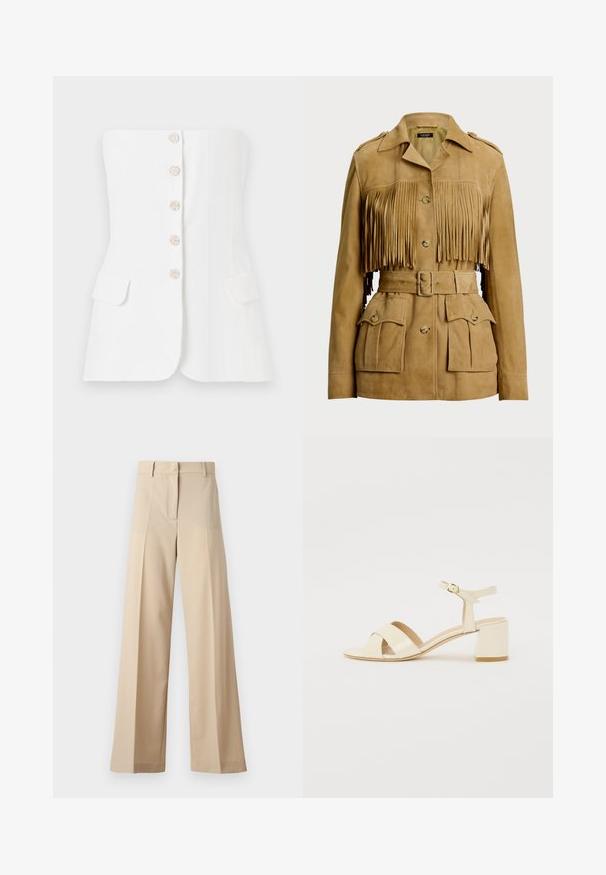 Svetlo rjava zamšasta jakna s frfotavim sprednjim delom, gumbom za zapiranje in nastavljivim pasom. Ima več sprednjih žepov in epaulete na ramenih.; Maje LIVALU - Top - ecru; Beige široke hlače iz gladkega materiala, z ravnim odprtjem spredaj in naborki, z vodilom na zadrgo in zankami za pas. Prilagojen kroj.; Bež lakirane usnjene sandale s peto z zasnovo čez trak, odprtim prstom, nastavljivim gležnjenjem in blok peto. Gladka tekstura.