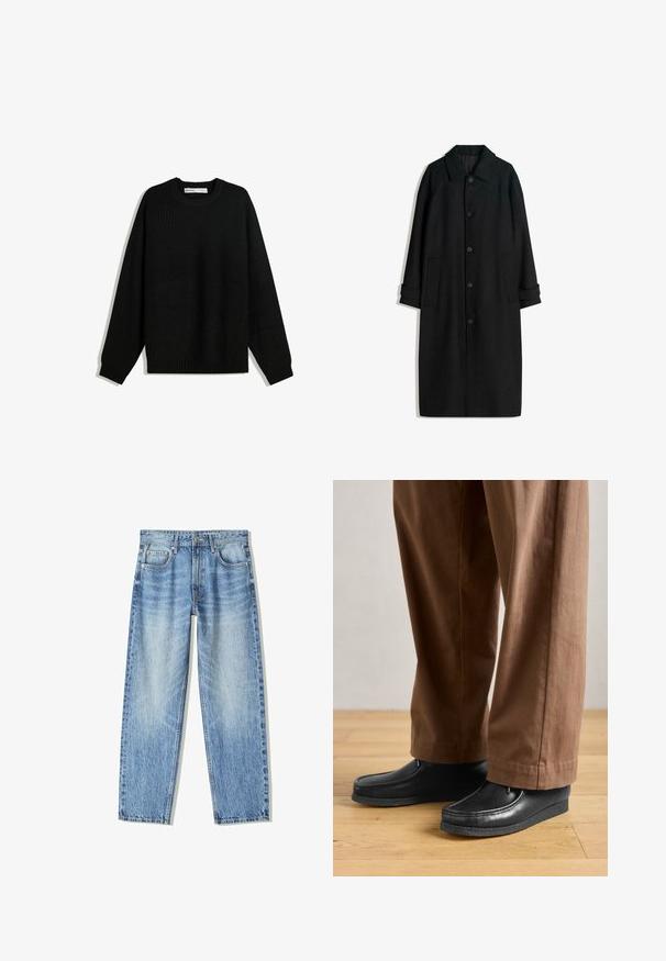 Črn volnen plašč s ovratnikom, dolgimi rokavi, gumbi spredaj in stranskimi žepi. Oblikovanje je minimalistično z elegantno silhueto.; Črna pletena jopica s krožnim izrezom, spušenimi rameni ter rebrastimi manšetami in robom. Ima teksturirano tkanino za dodatno toploto.; Svetlo modri kavbojke z ohlapnim krojem, ravnim nogavicama, petimi žepi in zbledelim videzom. Imajo zadrgo in gumb na sprednji strani.; Črne usnjene čevlje z mokasinskim dizajnom in šivi, v kombinaciji z rjavimi hlačami, na lesenem tleh.