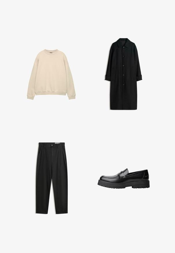 Černý vlněný kabát s límcem, dlouhými rukávy, knoflíky vpředu a bočními kapsami. Design je minimalistický s elegantním siluetou.; Krémový oversized svetr s kulatým výstřihem a žebrovanými manžetami. Vyrobeno z měkké látky s hladkou texturou a minimalistickým designem.; Černé bavlněné kalhoty s uvolněným střihem, klasickým pasem, předními záhyby a bočními kapsami. Hladká textura bez vzorů.; Černé kožené mokasíny s masivní podrážkou a dekoračním páskem přes horní část, zobrazené v levém bočním profilu na bílém pozadí.
