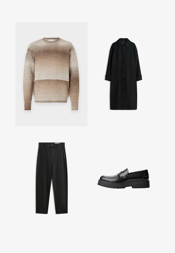 Črn volnen plašč s ovratnikom, dolgimi rokavi, gumbi spredaj in stranskimi žepi. Oblikovanje je minimalistično z elegantno silhueto.; Bež pleten pulover z okroglim izrezom, ki ima gradienten vzorec od svetlih do temnih odtenkov ter rebraste manšete in spodnji rob. Mehka tekstura.; Črne bombažne hlače s sproščenim krojem, ki vključujejo klasičen pas, sprednje gube in stranske žepke. Gladka tekstura brez vzorcev.; Črne usnjene loafersice s debelim profiliranim podplatom in dekorativnim pasom čez zgornji del, prikazane v levem stranskem profilu na beli podlagi.