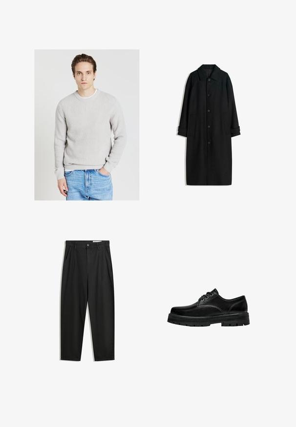 Cappotto di lana nera con colletto, maniche lunghe, bottoni lungo la parte anteriore e tasche laterali. Il design è minimalista con una silhouette elegante.; Giovane uomo con capelli castano chiaro, che indossa un maglione grigio chiaro a maglia e jeans blu, in piedi con una mano in tasca su uno sfondo bianco.; Pantaloni in cotone neri con una vestibilità rilassata, dotati di una vita classica, pieghe frontali e tasche laterali. Tessuto liscio senza fantasie.; Scarpa nera in pelle con lacci, punta arrotondata, finitura texturizzata e suola in gomma spessa con battistrada profondo per una migliore aderenza.