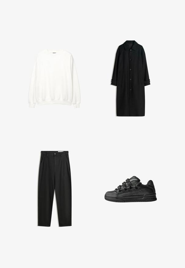 Černý vlněný kabát s límcem, dlouhými rukávy, knoflíky vpředu a bočními kapsami. Design je minimalistický s elegantním siluetou.; Bílá mikina, kulatý výstřih, dlouhé rukávy, volný střih. Měkká látka s žebrovanými manžetami a spodním lemem. Minimalistický design, bez viditelných log a vzorů.; Černé bavlněné kalhoty s uvolněným střihem, klasickým pasem, předními záhyby a bočními kapsami. Hladká textura bez vzorů.; Černé tenisky s hladkým koženým svrškem, texturovanými akcenty a kulatými černobílými tkaničkami. Silná gumová podrážka s vzorovaným dezénem.