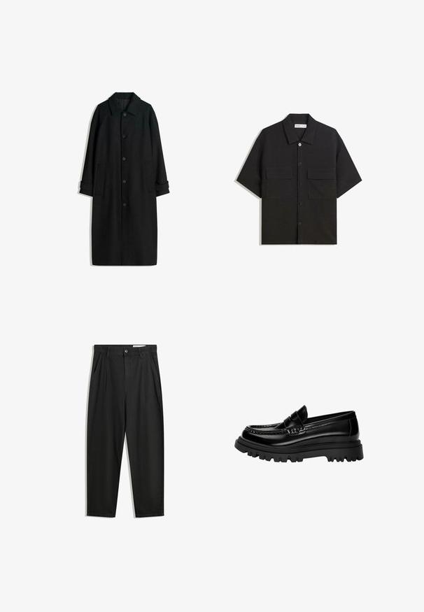 Crni kaput od vune s ovratnikom, dugim rukavima, gumbima sprijeda i bočnim džepovima. Dizajn je minimalistički s elegantnom siluetom.; Crna kratka majica s kratkim rukavima, izrađena od tkanine glatke teksture, sadrži dvije prednje džepove, klasičnu kragnu i kopčanje na gumbe.; Crne pamučne hlače s opuštenim krojem, s klasičnim pojasom, prednjim nabranjima i bočnim džepovima. Glatka tekstura bez uzoraka.; Crne sjajne kožne loafers cipele s teksturiranim remenom, koje imaju masivnu crnu gumenu petu s dubokim utorima i klasični mokasinski dizajn.