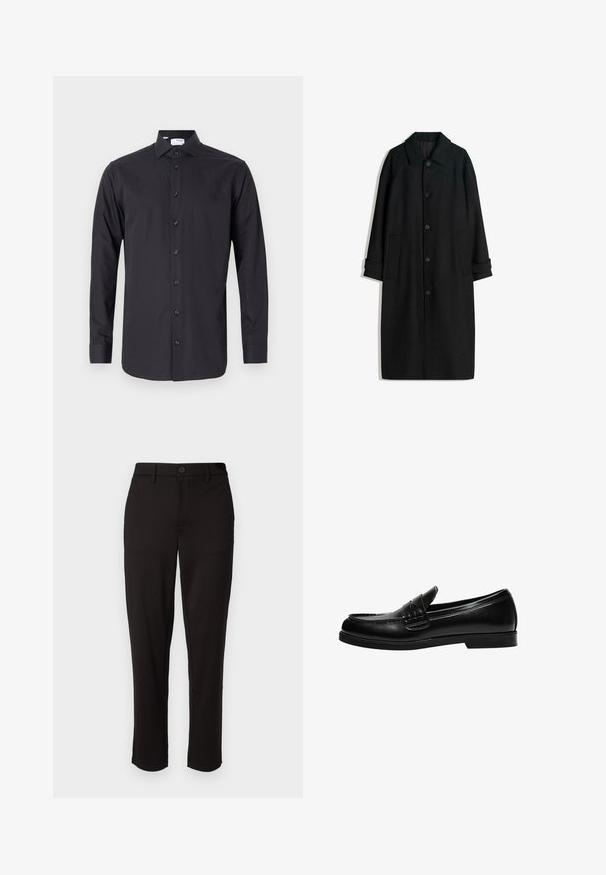 Črn volnen plašč s ovratnikom, dolgimi rokavi, gumbi spredaj in stranskimi žepi. Oblikovanje je minimalistično z elegantno silhueto.; Črna dolgouvratna srajca iz gladkega materiala, z gumbi spredaj, ostro ovratnikom in z gumbi na manšetah.; Črne hlače iz lahkega materiala, s pravimi hlačnicami, sprednjim gumbom za zapiranje, zankami za pas in stranskimi žepi.; Črne usnjene loafer čevlje z gladko površino, ki imajo šivano dekoracijo na vampu in nizko, trdo črno gumijasto podplat.