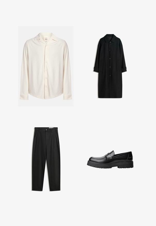 Schwarzer Wollmantel mit Kragen, langen Ärmeln, Knöpfen vorne und Seitentaschen. Das Design ist minimalistisch mit einer eleganten Silhouette.; Cremfarbener, langärmliger Button-Up-Hemd mit einem strukturierten Streifenmuster und einem eingeschnittenen Kragen. Verfügt über einen abgerundeten Saum und Knopfakzente.; Schwarze Baumwollhose mit lockerem Schnitt, ausgestattet mit einem klassischen Bund, vorderen Falten und Seiten taschen. Glatte Textur ohne Muster.; Schwarzer Lederloafer mit grobem, rutschfestem Sohlenprofil und dekorativem Riemen über der Oberseite, seitlich links auf weißem Hintergrund abgebildet.