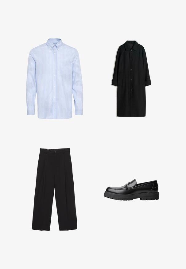 Černý vlněný kabát s límcem, dlouhými rukávy, knoflíky vpředu a bočními kapsami. Design je minimalistický s elegantním siluetou.; Světle modrá košile s dlouhým rukávem, knoflíková, s bílými vertikálními pruhy a jedním náprsním kapsou. Obsahuje klasický límec a knoflíkové manžety.; Černé kalhoty širokého střihu vyrobené z hladké látky, s plochým pasem, předními záhyby a jedním knoflíkem na zapínání.; Černé kožené mokasíny s masivní podrážkou a dekoračním páskem přes horní část, zobrazené v levém bočním profilu na bílém pozadí.