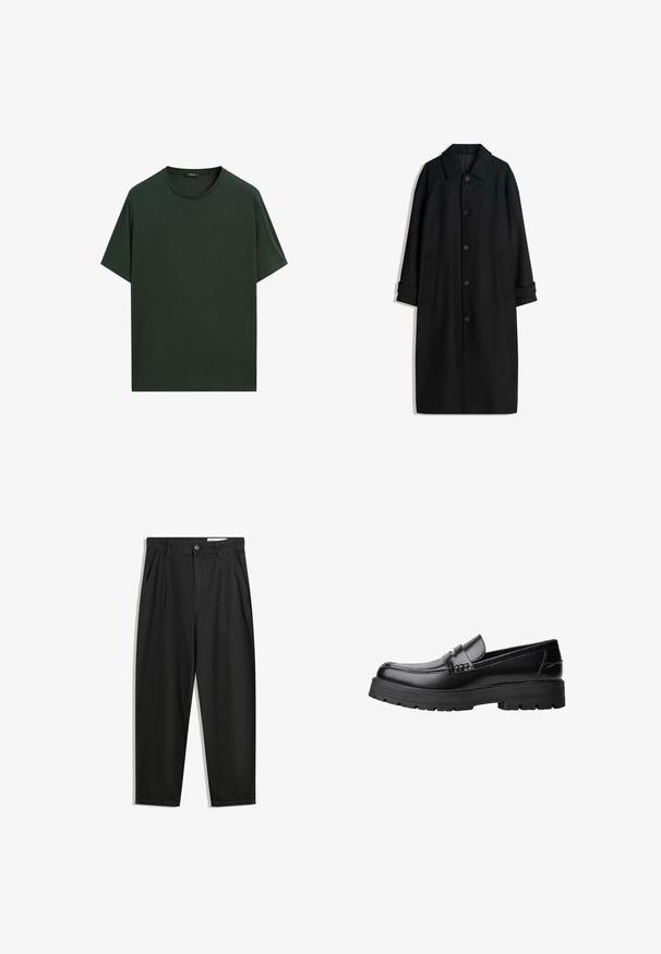 Sort uldfrakke med krave, lange ærmer, knapper foran og sidelommer. Designet er minimalistisk med en slank silhuet.; Mørkegrøn bomuld t-shirt med ribbet rund hals, korte ærmer og en afslappet pasform. Glat tekstur uden synlige dekorationer.; Sorte bomuldsbukser med en afslappet pasform, der har en klassisk talje, frontfolder og sidelommer. Glat tekstur uden mønstre.; Sort læderloafer med kraftig sål og dekorativ rem henover, vist i venstre sideprofil på hvid baggrund.