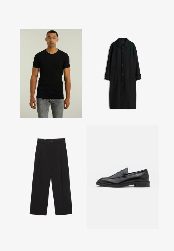 Mustat villakangas takki, jossa on kaulus, pitkät hihat, napit edessä ja sivutaskut. Suunnittelu on minimalistinen ja siinä on tyylikäs siluetti.; Musta lyhythihainen T-paita, jossa on pyöreä kaula-aukko ja hienovarainen tekstuuri-logo rinnassa; yhdistetty vaaleanharmaisiin farkkuihin. Yksinkertainen muotoilu.; Mustat väljät housut, jotka on valmistettu sileästä kankaasta ja joissa on litteä vyötärö, etupleaatit ja yksi nappisulku.; Musta nahkakengät, joissa on sileä pinta, pyöristetty varvas ja kapea nauha päällä. Matala paksu kanta.