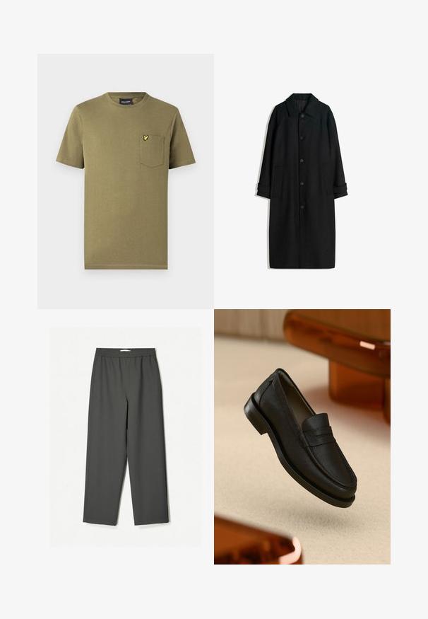 Black wool coat with a collar, long sleeves, buttons down the front, and side pockets. The design is minimalist with a sleek silhouette.; Olive green cotton t-shirt with short sleeves, crew neck, and a chest pocket featuring a small yellow logo. Smooth texture.; Dark gray, high-waisted wide-leg trousers made from lightweight fabric. Elastic waistband, no visible patterns, and side pockets.; Black leather loafer with textured finish, featuring a stitched seam and rubber sole. Laid against a light-colored surface.