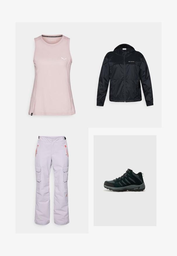 Jachetă Columbia neagră cu fermoar complet, glugă și manșete elastice. Prezintă un material neted, ușor, cu o finisare mată.; Top sportiv roz fără mâneci, confecționat dintr-un material moale, având un logo subtil și cusături întărite pe margini.; Pantaloni de zăpadă violet deschis, fabricate dintr-un material durabil, cu buzunare laterale cu accente portocalii și o croi lejer. Brida ajustabilă inclusă.; Columbia REDMOND - Pantofi drumeție - black/citron haze