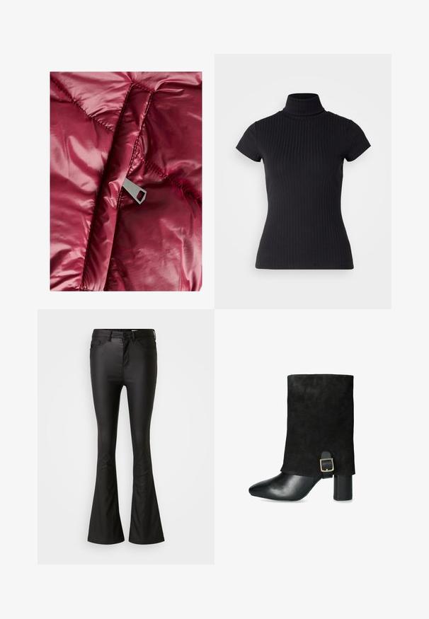 Geacă puffer burgundy, cu un exterior neted și lucios, cu secțiuni quilted și un fermoar metalic cu un tab de tragere cu o decupare rectangulară.; Tricou negru, cu mânecă scurtă și guler înalt, confecționat dintr-un material cu o textură răsucită, având o croială slim. Model simplu și texturat.; Jeans negri evazați, confecționați dintr-un material lucios și neted. Au talie înaltă, buzunare frontale și închidere cu fermoar și nasture.; Cizmă neagră până la gleznă, cu un suprafață din suede, vârf ascuțit, toc gros și o cataramă decorativă pe lateral, având un capac de vârf din piele netedă.