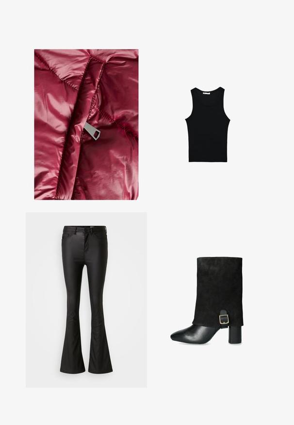 Burgundský péřový kabát s hladkým, lesklým povrchem, prošívanými částmi a kovovým zipem s výřezem v obdélníkovém tvaru.; Černý bavlněný top bez rukávů s kulatým výstřihem a přiléhavým střihem. Hladký povrch s jemným žebrovaným vzorem.; Černé rozšířené džíny vyrobené z lesklé, hladké tkaniny. Džínsy mají vysoký pas, přední kapsy a zapínání na zip s knoflíkem.; Černá kotníková bota s velurovým svrškem, špičatou špičkou, masivním podpatkem a dekorační přezkou na boku, s hladkým koženým špičákem.