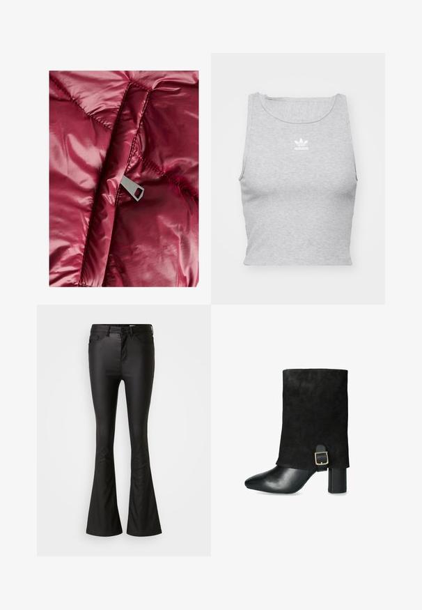 Chaqueta de plumas burdeos con un exterior suave y brillante, cuenta con secciones acolchadas y un tirador de cremallera metálico con un corte rectangular.; Top corto sin mangas gris, hecho de un tejido suave, con un escote redondo y un pequeño logo blanco de Adidas en el pecho.; Jeans acampanados negros hechos de una tela brillante y suave. Presentan una cintura alta, bolsillos frontales y un cierre de cremallera con botón.; Botín negro hasta el tobillo con parte superior de ante, punta afilada, tacón grueso y una hebilla decorativa en el costado, con una puntera de cuero suave.