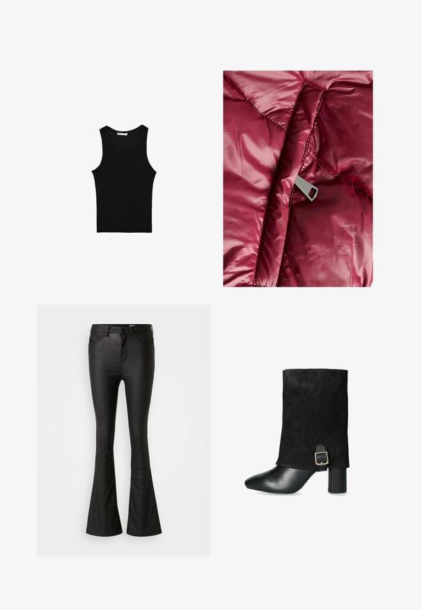 Giacca puffer borgogna con un esterno liscio e lucido, dotata di sezioni trapuntate e una cerniera metallica con un tassello a forma rettangolare.; Canotta nera in cotone con scollatura rotonda, senza maniche e silhouette aderente. Tessuto liscio con un delicato motivo a costine.; Jeans neri a palazzo realizzati in un tessuto lucido e liscio. Presentano una vita alta, tasche anteriori e una chiusura con zip e bottone.; Stivaletto nero alla caviglia con tomaia in suede, punta appuntita, tacco spesso e una fibbia decorativa di lato, dotato di una punta in pelle liscia.