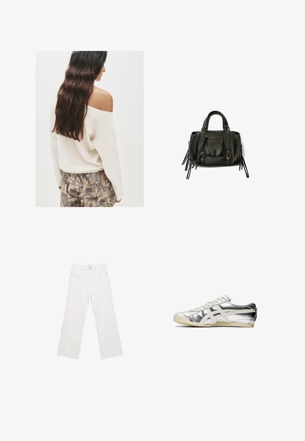 Schwarze Lederjacke mit strukturiertem Oberflächenmaterial, einem silbernen Reißverschluss auf der Vorderseite und elastischen Details an der Taille.; Cremfarbener Off-Shoulder-Pullover mit langen Ärmeln, kombiniert mit gemusterten Cargo-Hosen in Erdtönen und strukturiertem Stoff.; Weiße Denim-Hose mit weitem Beinschnitt, ausgestattet mit einem klassischen Fünf-Taschen-Design, Metallbeschlägen und Kontrastnähten. Glatte Textur und lockere Passform.; Silberne metallische Sneaker mit weißen Akzenten und Schnürsenkeln. Verfügt über eine strukturierte Oberfläche, eine abgerundete Zehenpartie und eine Gummi-Sohle mit einem Muster für besseren Halt.; Schwarze Lederhandtasche mit geflochtenen Griffen, Reißverschlussfach und hängenden Quasten. Strukturiert Oberfläche mit Metallnieten und Hardware-Akzenten.