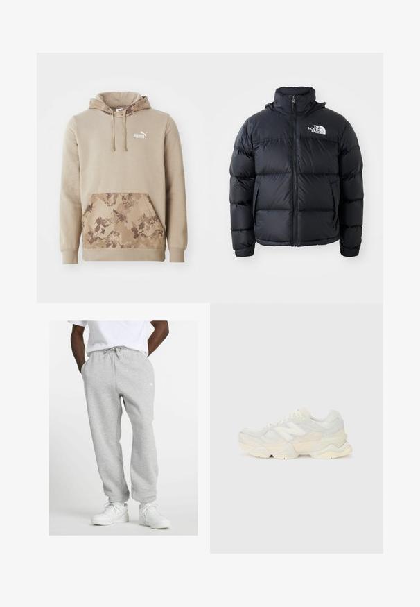 Svart pufferjakke med glidelås, polstrede seksjoner, høy krage og The North Face-logo på øvre venstre side. Glatt tekstur, uten synlige mønstre.; Beige hettegenser med frontlomme. Lommen har et brunt kamuflasjemønster. Hvit logo på brystet. Myk stoff.; Mann iført lysegrå joggebukser med snor og hvite sneakers, stående med hendene i lomma på en hvit bakgrunn.; Lett sneaker med en overdel i mesh og semsket skinn i myke kremtoner, med en kraftig såle og tredimensjonale detaljer.