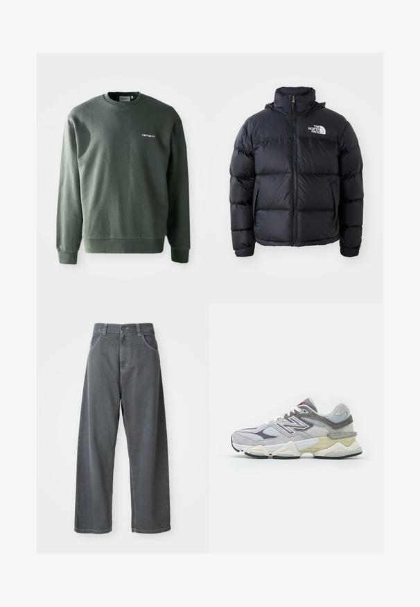 Μαύρο μπουφάν puffer με φερμουάρ, επενδεδυμένα τμήματα, ψηλό γιακά και το λογότυπο της The North Face στην επάνω αριστερή πλευρά. Λείο υλικό, χωρίς ορατά σχέδια.; Σκούρο πράσινο φούτερ φτιαγμένο από μείγμα βαμβακιού, με στρογγυλή λαιμόκοψη, ελαστικές μανσέτες και ένα μικρό λευκό λογότυπο στο αριστερό στήθος.; Γκρι τζιν παντελόνι σε φαρδύ στιλ με ψηλή μέση, που διαθέτει μπροστινές τσέπες, θηλιές ζώνης και κουμπί κλεισίματος στη μέση.; Γκρίζα σουέτ και πλέγμα αθλητικά παπούτσια με παχύ λευκό και μπεζ πάτο, διαθέτοντας έντονο λευκό λογότυπο και κόκκινες λεπτομέρειες.
