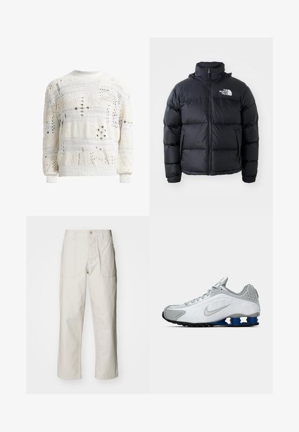 Chaqueta de plumas negra con cierre de cremallera, secciones acolchadas, cuello alto y logo de The North Face en la parte superior izquierda. Textura suave, sin patrones visibles.; Suéter blanco de punto con varios patrones de cortes, que presenta una superficie texturada y puños acanalados. Diseño de cuello redondo, con un ajuste ligeramente oversize.; Pantalones de pierna ancha color beige claro, hechos de algodón. Cuentan con bolsillos frontales y cierre de botón. Textura suave con sutiles líneas verticales.; Zapatilla de running Nike en blanco y gris con el swoosh plateado, unidades de suela azul en forma de resorte y banda de rodadura negra sobre un fondo liso.