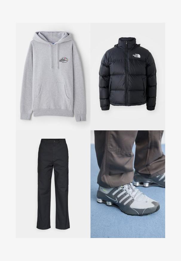 Svart pufferjakke med glidelås, polstrede seksjoner, høy krage og The North Face-logo på øvre venstre side. Glatt tekstur, uten synlige mønstre.; Lys grå hettegenser laget av bomullsblanding. Har en kengurulomme, snor og en liten logo med fargerike detaljer på brystet.; Svart cargo-bukser med rett ben-design, har side-lommer og en teksturert stoff. Knapplukking i midjen for en sikker passform.; Grå og sølv Nike Shox-sneakers har et slankt design, med mesh- og syntetiske materialer, en rund tå og en polstret krage.