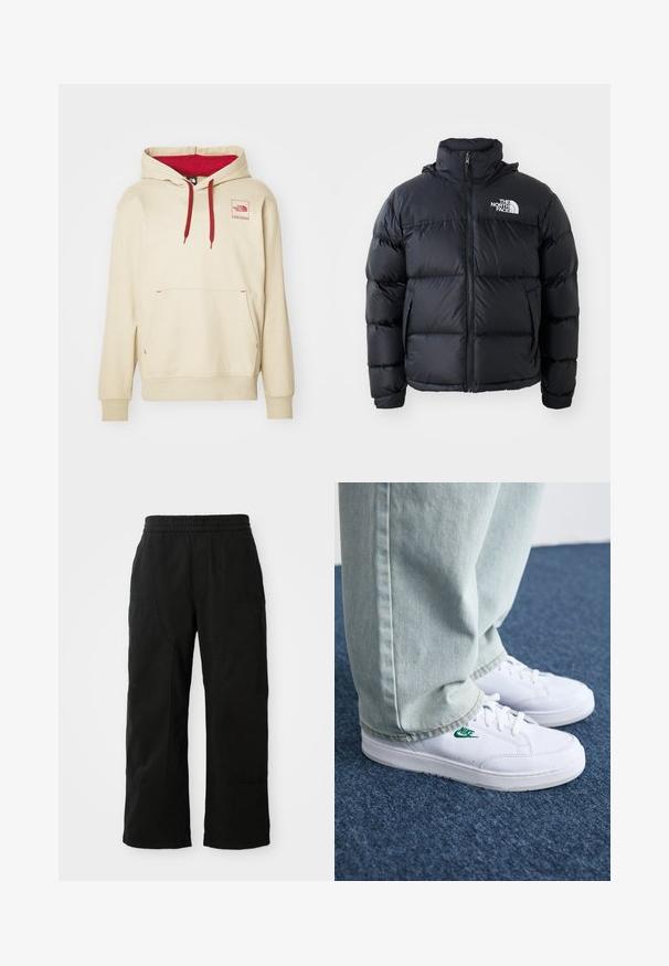 Chaqueta de plumas negra con cierre de cremallera, secciones acolchadas, cuello alto y logo de The North Face en la parte superior izquierda. Textura suave, sin patrones visibles.; Sudadera beige en mezcla de algodón, con forro interior rojo, cuello con cordón, bolsillo frontal y pequeño parche con logo en el pecho.; Pantalones de algodón negros con una cinturilla elástica, diseño de pierna ancha y grandes bolsillos laterales. La tela parece suave con una textura lisa.; Zapatillas de cuero blanco con logo de Nike verde, puntera redonda, suela plana, combinadas con pantalones de mezclilla azul claro, sobre una alfombra azul.