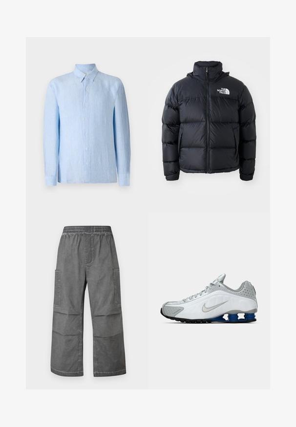 Doudoune noire avec fermeture éclair, sections rembourrées, col montant et logo The North Face en haut à gauche. Texture lisse, sans motifs visibles.; Chemise boutonnée en bleu clair à manches longues, fabriquée en tissu texturé. Elle possède un col classique et une patte de boutonnage à l'avant.; Pantalons cargo gris avec une taille élastique, deux poches latérales et un design ample à jambes larges. Le tissu a un aspect texturé et froissé.; Baskets de course Nike blanches et grises avec un swoosh argenté, des semelles en forme de ressort bleues et une semelle noire sur fond uni.