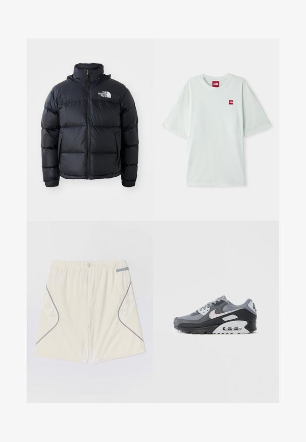 Black puffer jacket with zip closure, padded sections, high collar, and The North Face logo on the upper left. Smooth texture, no visible patterns.; Light green short-sleeve t-shirt made of soft cotton, featuring a small red logo tag on the left chest area. Relaxed fit and round neckline.; Light beige athletic shorts with an elastic waistband, gray piping, and side pockets featuring a patterned design. Made from breathable material.; Gray sneaker featuring a mix of mesh and suede materials, with a black sole and visible air unit. Notable light gray accents and laces.