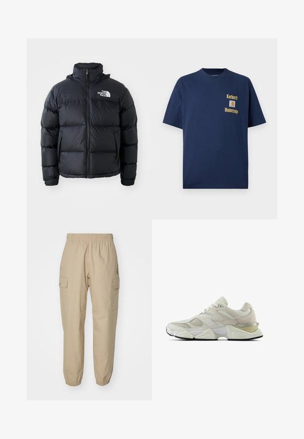 Black puffer jacket with zip closure, padded sections, high collar, and The North Face logo on the upper left. Smooth texture, no visible patterns.; Navy blue cotton t-shirt with short sleeves, featuring gold text "Carhartt University" and a logo patch on the left chest.; Beige cargo pants with an elastic waistband, tapered legs, and side pockets. Smooth fabric with a slightly structured texture.; White sneaker with mesh and suede upper, rounded toe, and padded collar. Features reflective accents and a thick, textured sole.