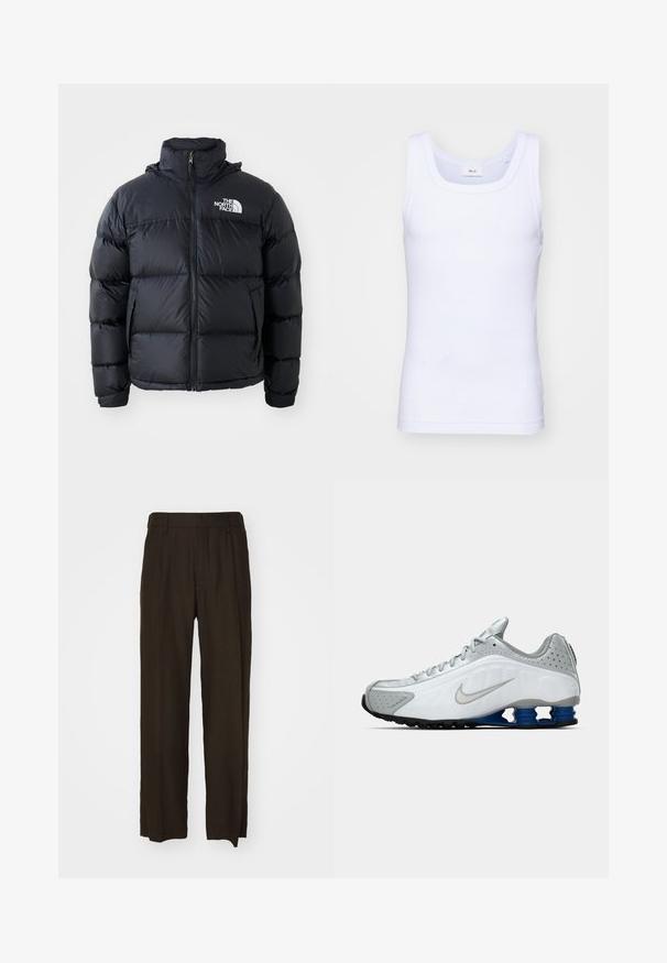 Schwarze Pufferjacke mit Reißverschluss, gepolsterten Abschnitten, hohem Kragen und dem The North Face-Logo in der oberen linken Ecke. Glatte Textur, keine sichtbaren Muster.; Weißes Baumwoll-Top ohne Ärmel mit rundem Ausschnitt, ausgestattet mit einer glatten Textur und einer figurbetonten Form, ideal für die Freizeit.; Braune, weit geschnittene Hosen aus einem strukturierten Stoff mit hoher Taille und vorderen Falten. Gerade Beinführung mit sauberen, fertigen Säumen.; Weißer und grauer Nike-Laufschuh mit silberner Swoosh, blauen federartigen Sohlen und schwarzem Profil auf einem schlichten Hintergrund.