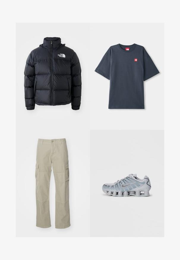 Čierna prešívaná bunda s uzáverom na zips, vypchanými časťami, vysokým golierom a logom The North Face na ľavom hornom rohu. Hladká textúra, bez viditeľných vzorov.; Tmavomodré krátke tričko s krátkym rukávom vyrobené z bavlny, s červeným nášivkou na ľavej hrudi a klasickým okrúhlym výstrihom.; Svetlo khaki nohavice cargo vyrobené z bavlny, s širokými nohavicami, dvoma bočnými vreckami a gombíkovým zapínaním v páse. Hladká textúra.; Svetlo šedé tenisky Nike s textúrovaným zvrškom, sieťovanými detailmi a unikátnou polstrovanou podrážkou so viacerými zaoblenými podložkami.
