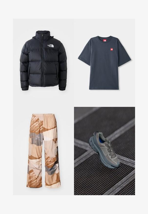 Svart pufferjakke med glidelås, polstrede seksjoner, høy krage og The North Face-logo på øvre venstre side. Glatt tekstur, uten synlige mønstre.; Mørk marineblå t-skjorte med kort erm laget av bomull, med et rødt logo-patch på venstre bryst og en klassisk rund hals.; Champion Rochester SURPLUS PARACHUTE PANTS - Cargobukse - beige; Beige og grå idrettssko med strukturert nettingoverdel, rund tå og gummisåle, med lisser og polstret krage.