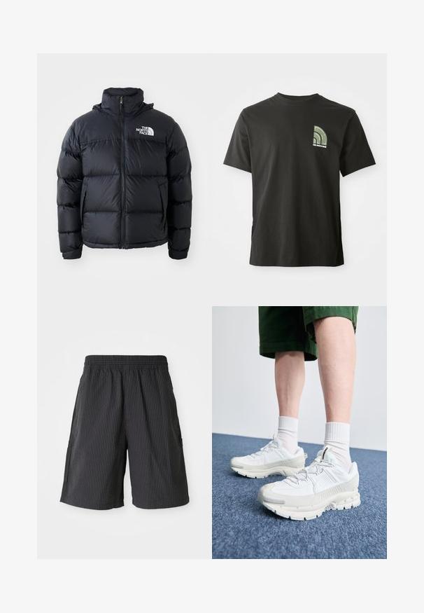 Fekete pufi dzseki cipzárral, párnázott részekkel, magas gallérral és a The North Face logóval a bal felső részen. Sima textúra, látható minták nélkül.; Fekete, rövid ujjú, kerek nyakú póló, bal mellkason egy kis zöld és fehér negyedkör logo-val és "The North Face" felirattal.; Fekete térdnél rövidebb, texturált, bordázott dizájnnal készült rövidnadrág, gumírozott derékpánttal és két oldalsó zsebbel. Lazább stílusú.; Fehér sportcipők texturált burkolattal, vastag talppal és szürke részletekkel. Fehér sportzoknival és zöld rövidnadrággal viselve, kék felületen.