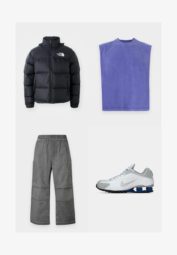 Schwarze Pufferjacke mit Reißverschluss, gepolsterten Abschnitten, hohem Kragen und dem The North Face-Logo in der oberen linken Ecke. Glatte Textur, keine sichtbaren Muster.; Lila ärmelloses Top aus weicher Baumwolle. Hat einen runden Ausschnitt und eine lockere Passform, mit einer leicht verwitterten Textur und einem sauberen Saum.; Graue Cargo-Hosen mit elastischem Taillenbund, zwei Eingrifftaschen und einem lässigen, weit geschnittenen Design. Der Stoff hat ein strukturiertes, zerknittertes Aussehen.; Weißer und grauer Nike-Laufschuh mit silberner Swoosh, blauen federartigen Sohlen und schwarzem Profil auf einem schlichten Hintergrund.