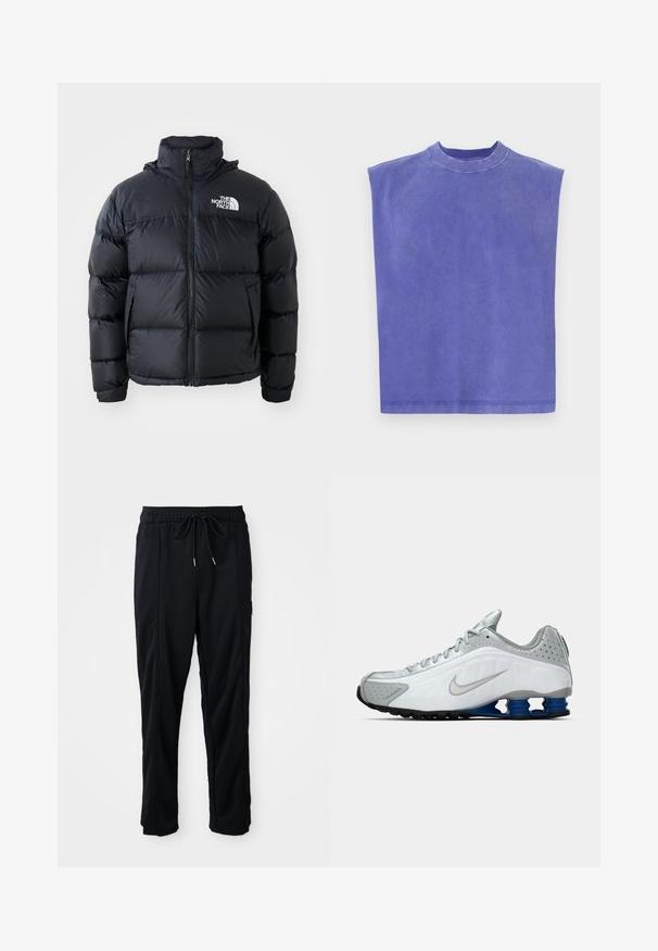 Fekete pufi dzseki cipzárral, párnázott részekkel, magas gallérral és a The North Face logóval a bal felső részen. Sima textúra, látható minták nélkül.; Lila ujjatlan felső, puha pamutból készült. Kerek nyakú és laza szabású, enyhén kopott textúrával és tiszta hemzsével rendelkezik.; Fekete húzózsinóros, kényelmes nadrág oldalsó varrású zsebekkel és egyenes szabással, egyszínű háttéren.; Fehér és szürke Nike futócipő ezüst swoosh-sal, kék rugós talprészekkel és fekete talppal egy sima háttér előtt.