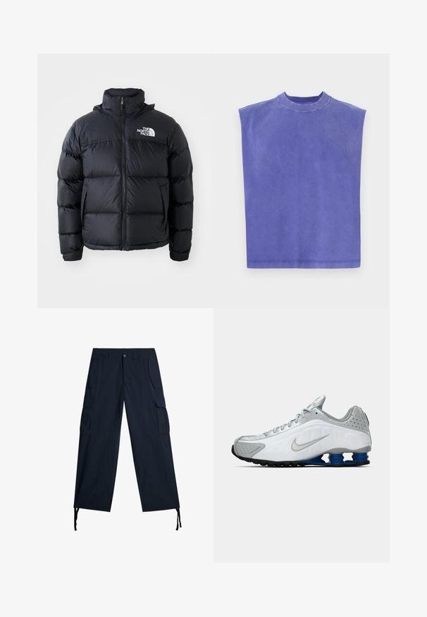 Czarna kurtka puchowa z zamkiem błyskawicznym, wypełnionymi sekcjami, wysokim kołnierzem i logo The North Face na górze po lewej stronie. Gładka faktura, bez widocznych wzorów.; Fioletowa kamizelka bez rękawów, wykonana z miękkiej bawełny. Posiada okrągły dekolt i luźny krój, z delikatnie wyblakłą teksturą i czystym wykończeniem. ; Granatowe spodnie cargo z wieloma bocznymi kieszeniami, luźnym krojem, związaniami przy nogawkach i gładką fakturą materiału.; Białe i szare buty do biegania Nike z srebrnym logo, niebieskimi, sprężynowymi podeszwami oraz czarnym bieżnikiem na jednolitym tle.