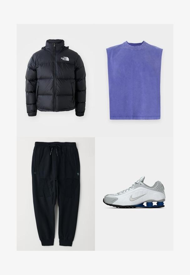 Zwarte pufferjack met ritssluiting, gewatteerde secties, hoge kraag en het North Face-logo op de bovenste linkerzijde. Gladde textuur, geen zichtbare patronen.; Paarse mouwloze top van zachte katoen. Kenmerkt zich door een ronde hals en een relaxte pasvorm, met een licht vervaagde textuur en een nette zoom.; Zwarte sweatpants van een katoenmix. Voorzien van een elastische tailleband met trekkoord, twee zijzakken en gekleurde paneelaccenten.; Witte en grijze Nike hardloopschoen met zilveren swoosh, blauwe veerachtige zoolunits en zwarte loopvlakken op een effen achtergrond.