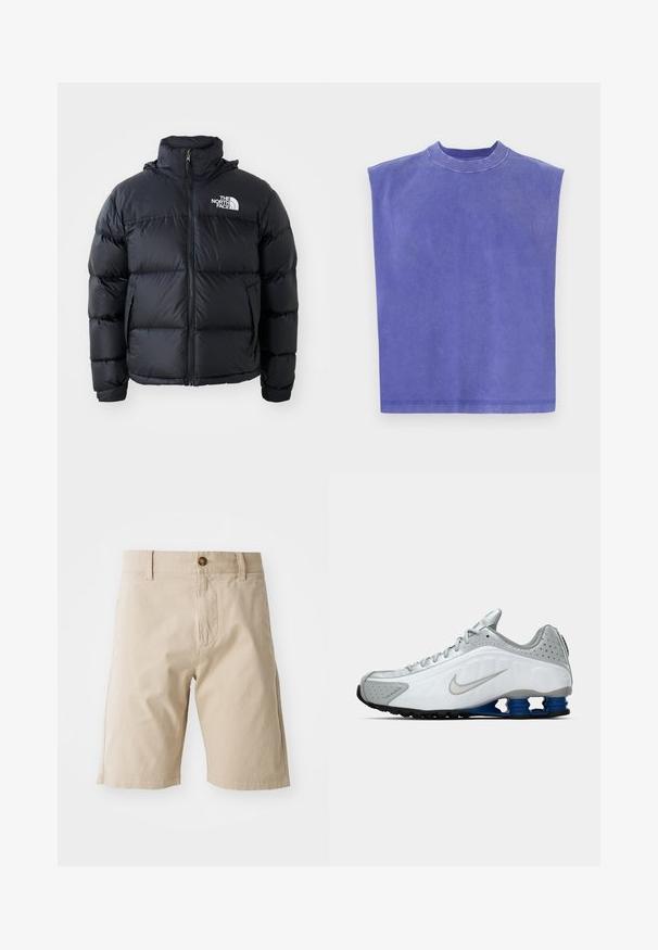 Giacca a vento nera con chiusura a zip, sezioni imbottite, collo alto e logo The North Face in alto a sinistra. Tessuto liscio, senza motivi visibili.; Top viola senza maniche realizzato in morbido cotone. Caratterizzato da un collo rotondo e una vestibilità morbida, con una consistenza leggermente sbiadita e orlo pulito.; Shorts in cotone beige con chiusura a bottone, passanti per cintura e tasche laterali; texture liscia e silhouette dritta.; Scarpa da corsa Nike bianca e grigia con swoosh argento, unità suola blu a molla e battistrada nero su uno sfondo semplice.