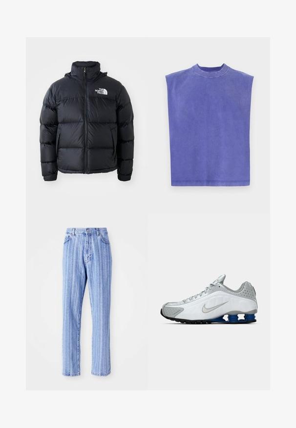 Czarna kurtka puchowa z zamkiem błyskawicznym, wypełnionymi sekcjami, wysokim kołnierzem i logo The North Face na górze po lewej stronie. Gładka faktura, bez widocznych wzorów.; Fioletowa kamizelka bez rękawów, wykonana z miękkiej bawełny. Posiada okrągły dekolt i luźny krój, z delikatnie wyblakłą teksturą i czystym wykończeniem. ; Jasnoniebieskie dżinsy z pionowymi białymi paskami, prosty krój nogawek, styl pięciu kieszeni oraz zapięcie na guzik w talii.; Białe i szare buty do biegania Nike z srebrnym logo, niebieskimi, sprężynowymi podeszwami oraz czarnym bieżnikiem na jednolitym tle.