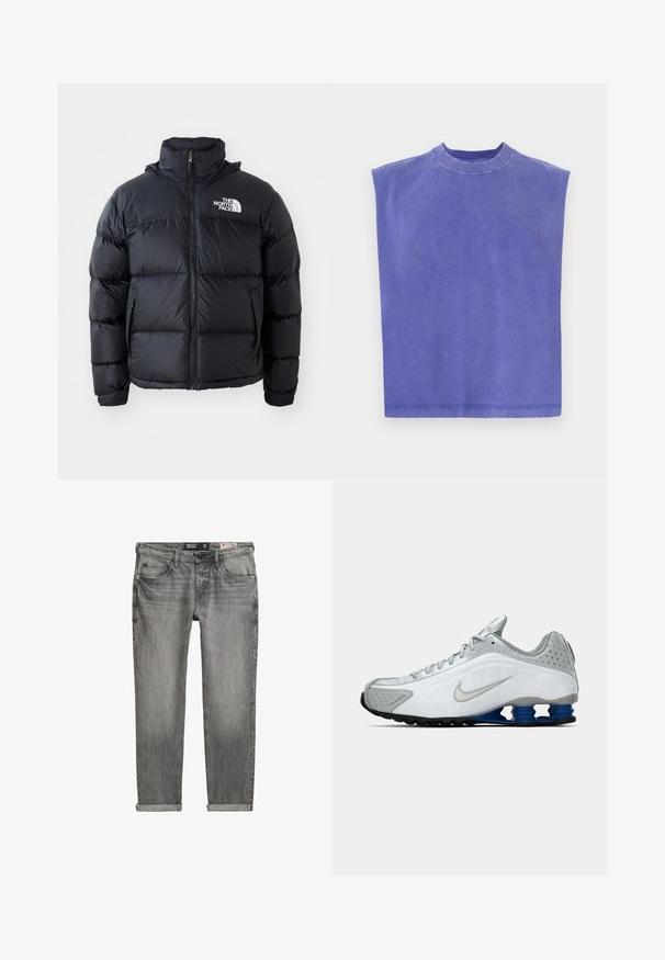 Czarna kurtka puchowa z zamkiem błyskawicznym, wypełnionymi sekcjami, wysokim kołnierzem i logo The North Face na górze po lewej stronie. Gładka faktura, bez widocznych wzorów.; Fioletowa kamizelka bez rękawów, wykonana z miękkiej bawełny. Posiada okrągły dekolt i luźny krój, z delikatnie wyblakłą teksturą i czystym wykończeniem. ; Szare dżinsy o lekko wyblakłym wykończeniu, klasyczny pięciokieszeniowy design, zapięcie na guzik i zawinięte mankiety u dołu.; Białe i szare buty do biegania Nike z srebrnym logo, niebieskimi, sprężynowymi podeszwami oraz czarnym bieżnikiem na jednolitym tle.