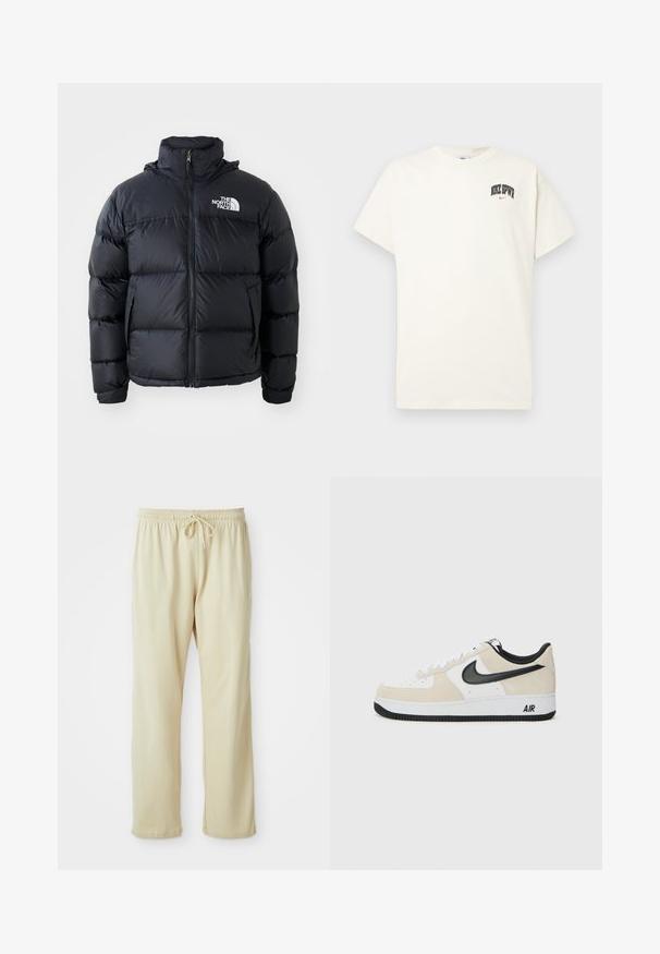 Black puffer jacket with zip closure, padded sections, high collar, and The North Face logo on the upper left. Smooth texture, no visible patterns.; Cream-colored cotton t-shirt with short sleeves, featuring "NIKE SB" in black and red text on the chest. Standard round neckline.; Light beige sweatpants with a drawstring waist, tapered legs, and a soft texture. Features an understated brand logo on the lower leg.; Sneakers with a light beige suede and white leather upper, black Nike swoosh, black accents, and a white rubber sole featuring "AIR" branding.