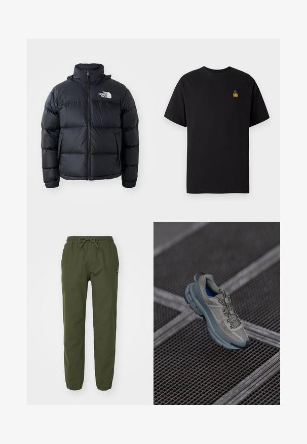 Czarna kurtka puchowa z zamkiem błyskawicznym, wypełnionymi sekcjami, wysokim kołnierzem i logo The North Face na górze po lewej stronie. Gładka faktura, bez widocznych wzorów.; Czarny bawełniany t-shirt z krótkimi rękawami, okrągłym dekoltem i małym żółtym haftowanym wzorem na lewej piersi.; Champion Rochester - Spodnie materiałowe; Beżowe i szare buty sportowe z teksturowaną siateczką, okrągłym noskiem i gumową podeszwą, z sznurówkami i wyściełanym kołnierzem.