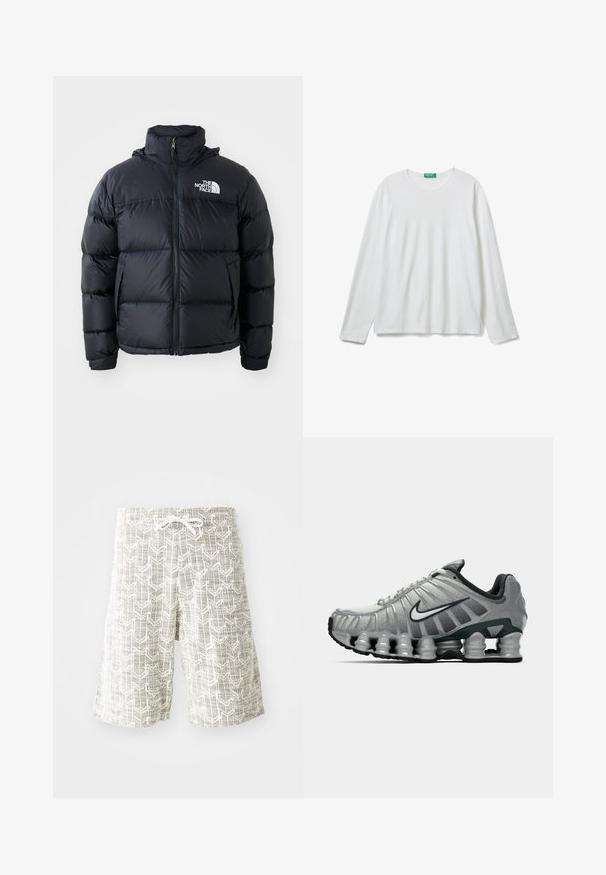 Zwarte pufferjack met ritssluiting, gewatteerde secties, hoge kraag en het North Face-logo op de bovenste linkerzijde. Gladde textuur, geen zichtbare patronen.; Effen witte lange mouwen crewneck shirt met een groene label bij de hals, plat gelegd op een witte achtergrond.; Lichte shorts van geweven stof, met een grijs-wit geometrisch patroon, elastische tailleband met trekkoord en een losse pasvorm.; Grijze en zwarte Nike hardloopschoen met zichtbare veerachtige demping onder de zool en een wit swoosh-logo aan de zijkant.